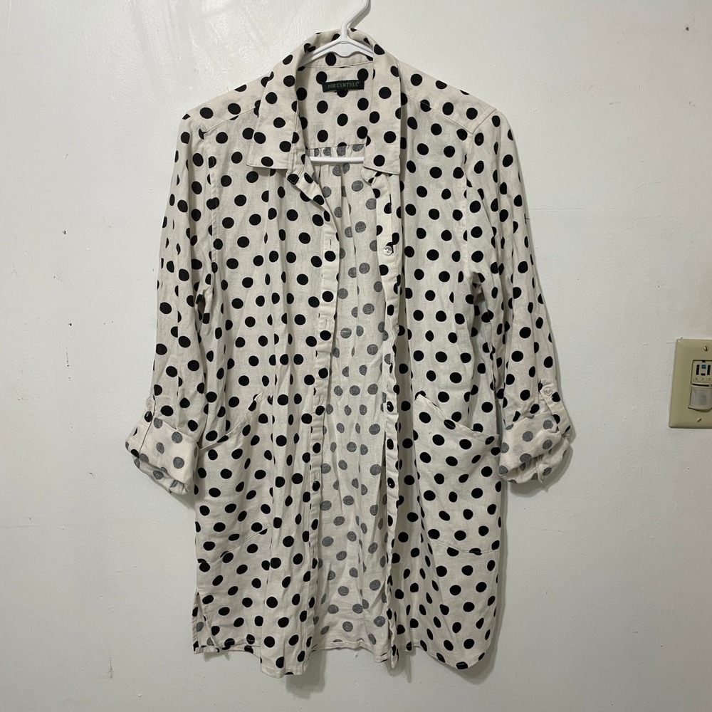 For Cynthia‎ Womens Polka Dot Button Down Shirt Jacket White Black Longline